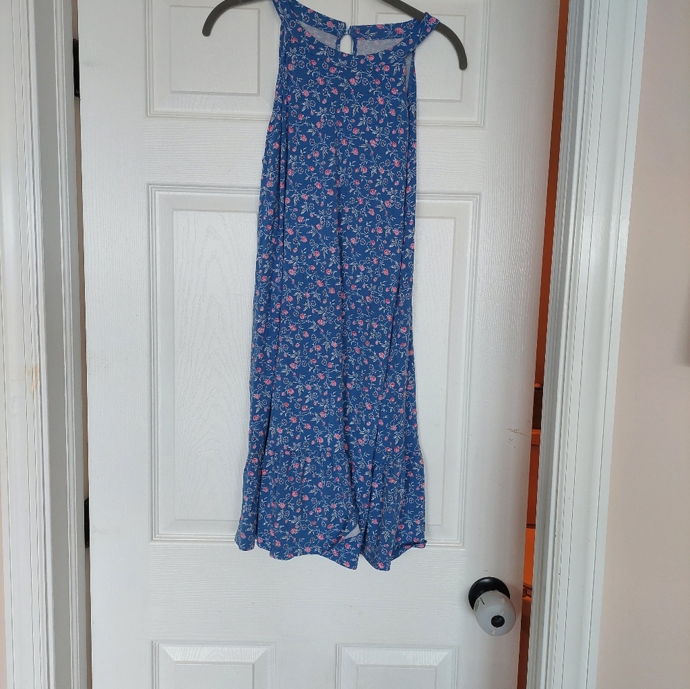 LOFT Blue Floral Sleeveless Rayon Dress with Pink Accents